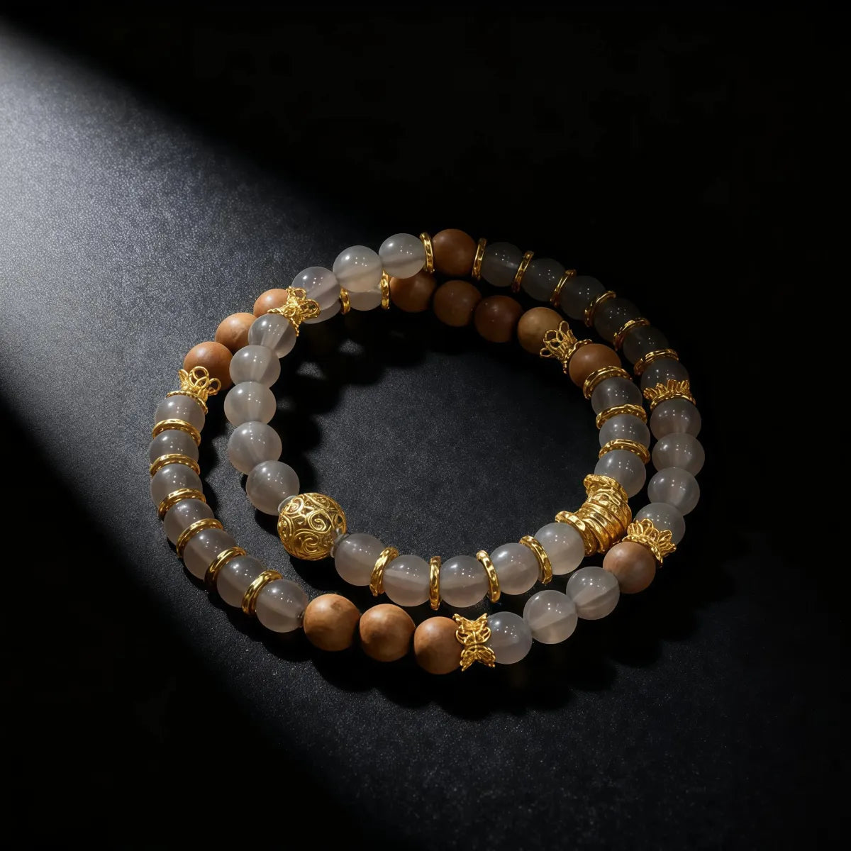 Gray agate and sandalwood double wrap bracelet with gold-accented beads, natural stone jewelry for stability, abundance, and prosperity, spiritual bracelet for men and women