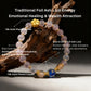 Bracelet with various liuli glass beads and gold elements on a dark background