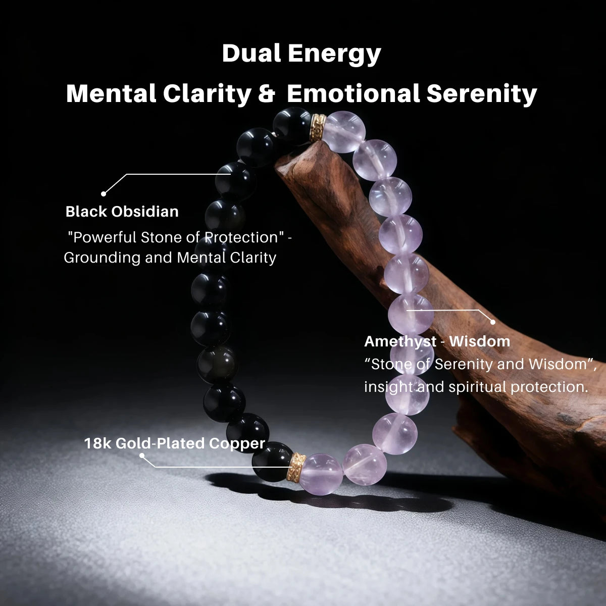 An educational infographic titled "Dual Energy: Mental Clarity & Emotional Serenity". It labels the materials: "Black Obsidian" for protection and grounding, "Amethyst" for wisdom and spiritual insight, and "18k Gold-Plated Copper" accents.