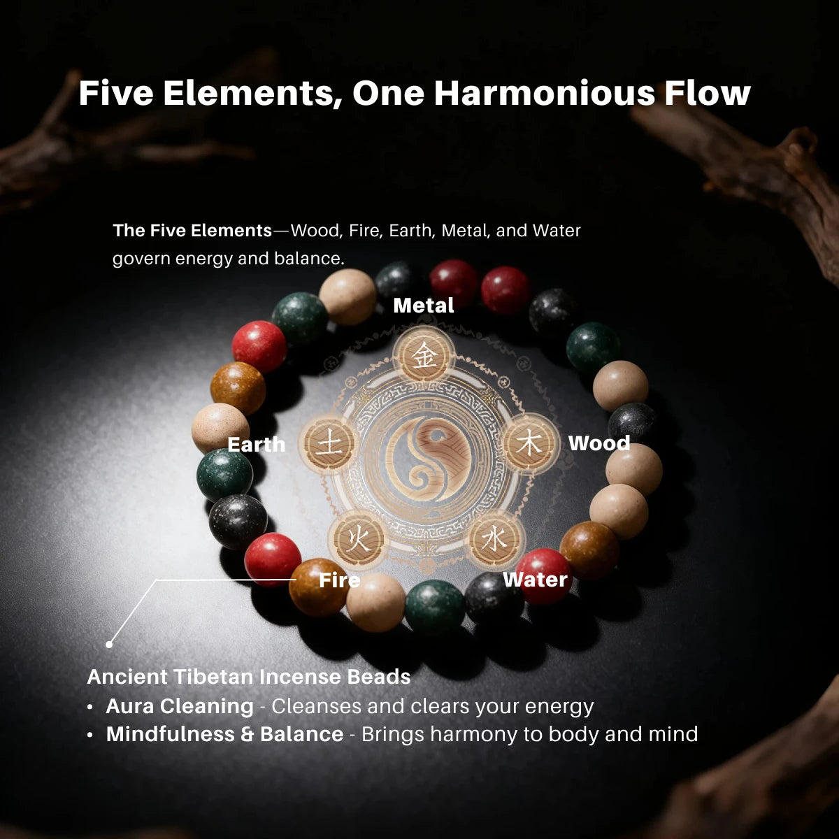Diagram mapping the colored beads to Metal, Wood, Water, Fire, and Earth elements.