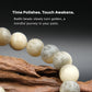 Bodhi beads on a dark background with text about time polishing and touch awakening.