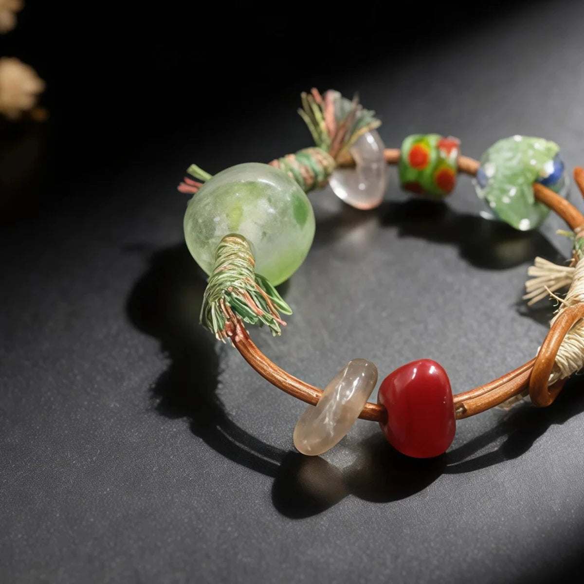 Beaded bracelet with natural elements on a dark surface