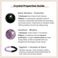 Crystal properties guide with black obsidian and amethyst stones and bracelet.
