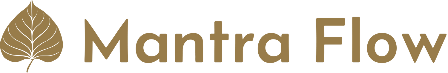 Mantra Flow logo with a leaf symbol in gold on a white background