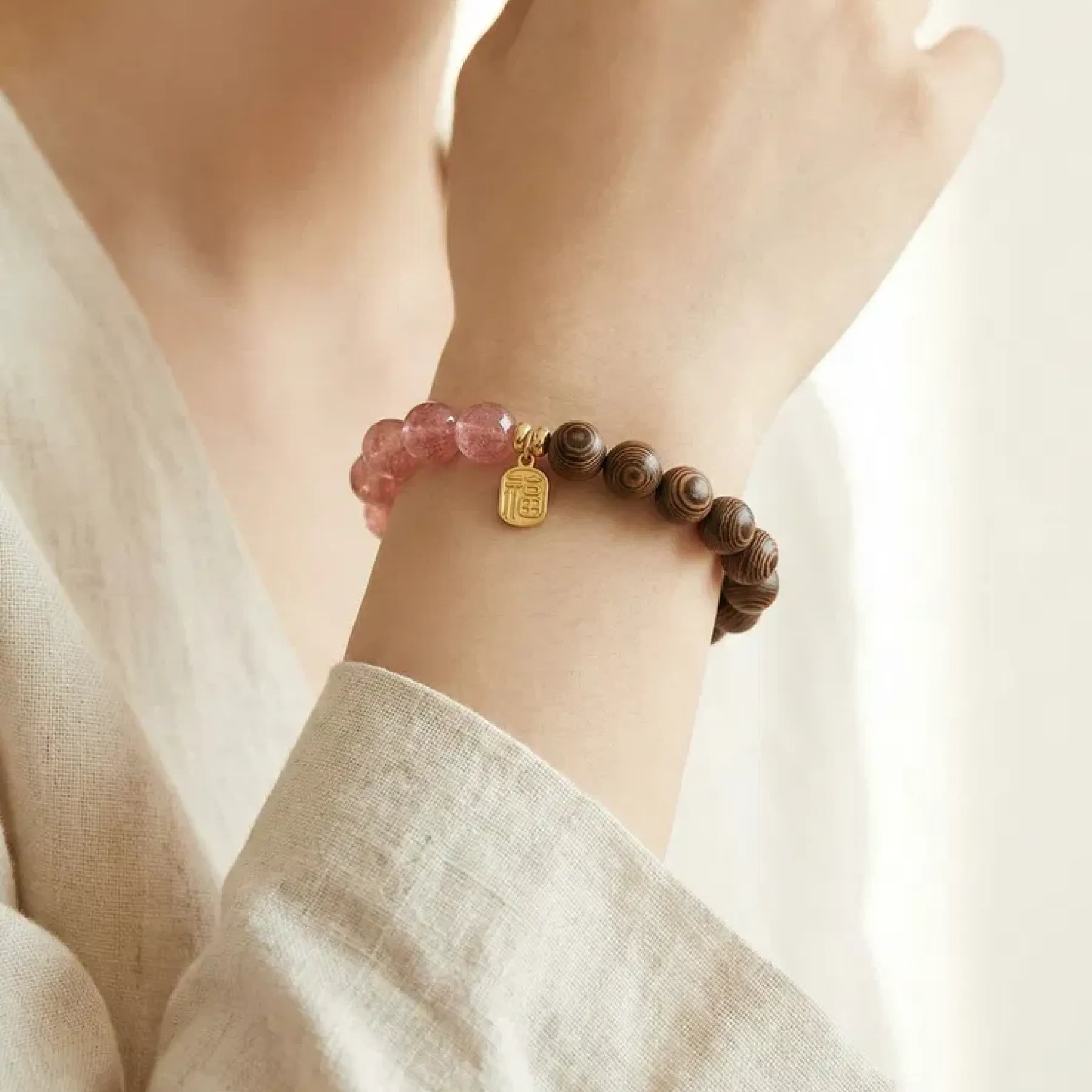 Love & Blessing – Strawberry Quartz & Golden Silk Sandalwood Bracelet