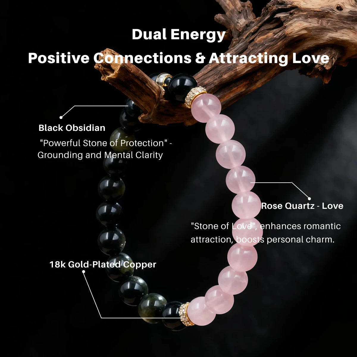 Bracelet with black obsidian and rose quartz beads on a dark background