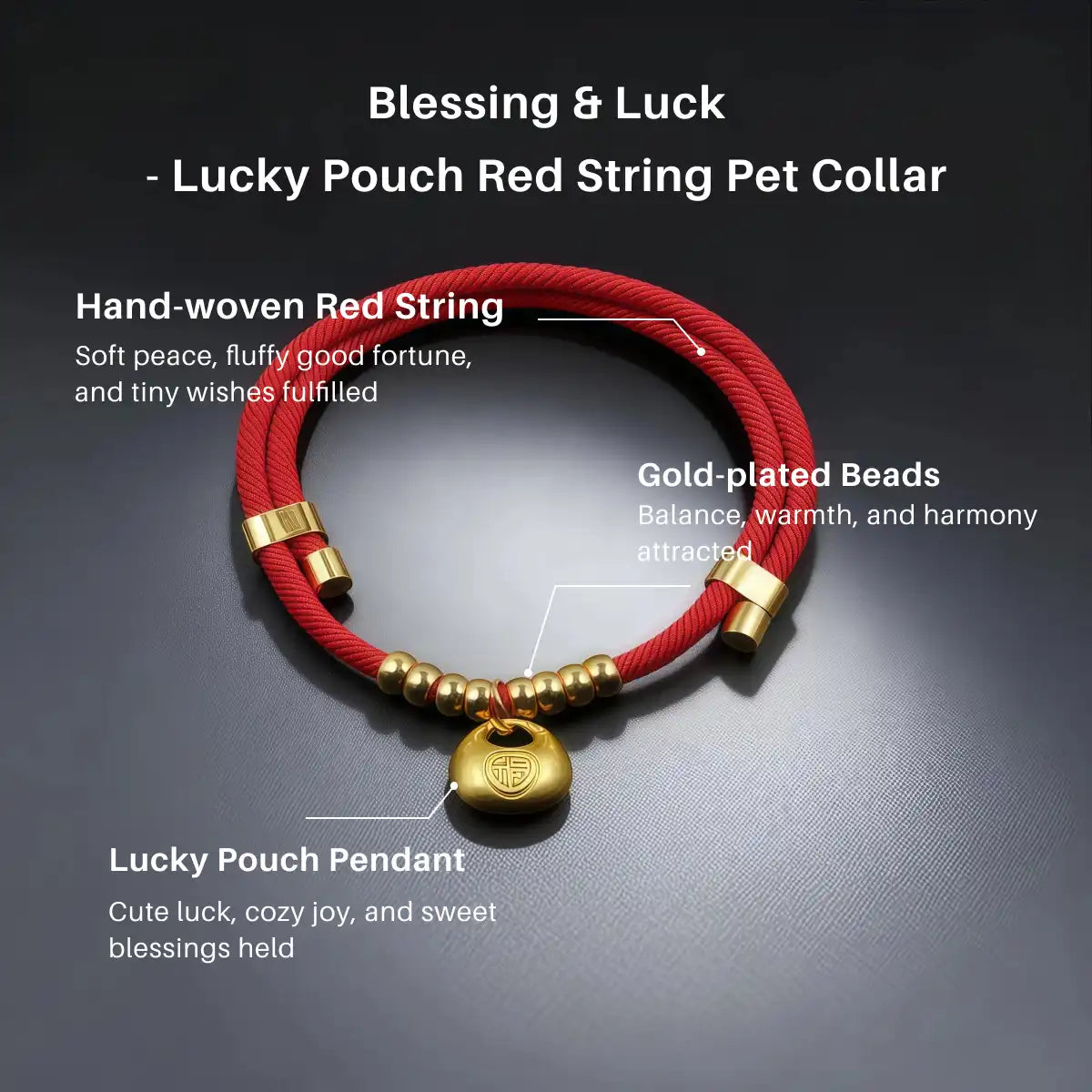 Image with labeled details of the red collar band, gold lucky pouch charm, and its symbolism of luck, protection, and good fortune.