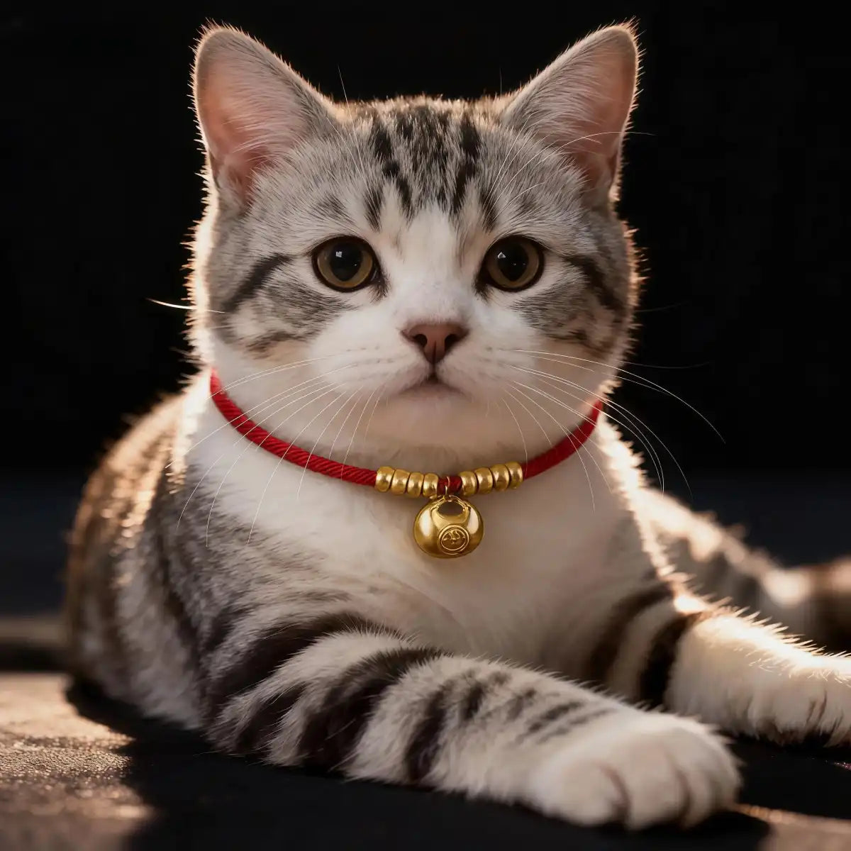 Cat wearing the red pet collar with a gold lucky pouch charm, showing a comfortable fit and the symbolic pendant.