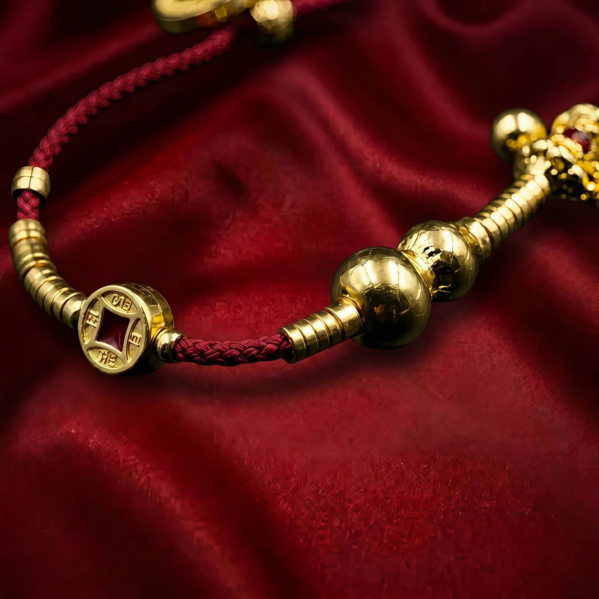 Lucky Red String Bracelet with Gourd & Coin Charms | Mantra Flow ...