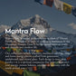 Mantra Flow text overlay with a mountain and prayer flags background