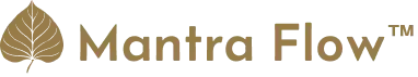 Mantra Flow logo with a leaf design in gold on a white background