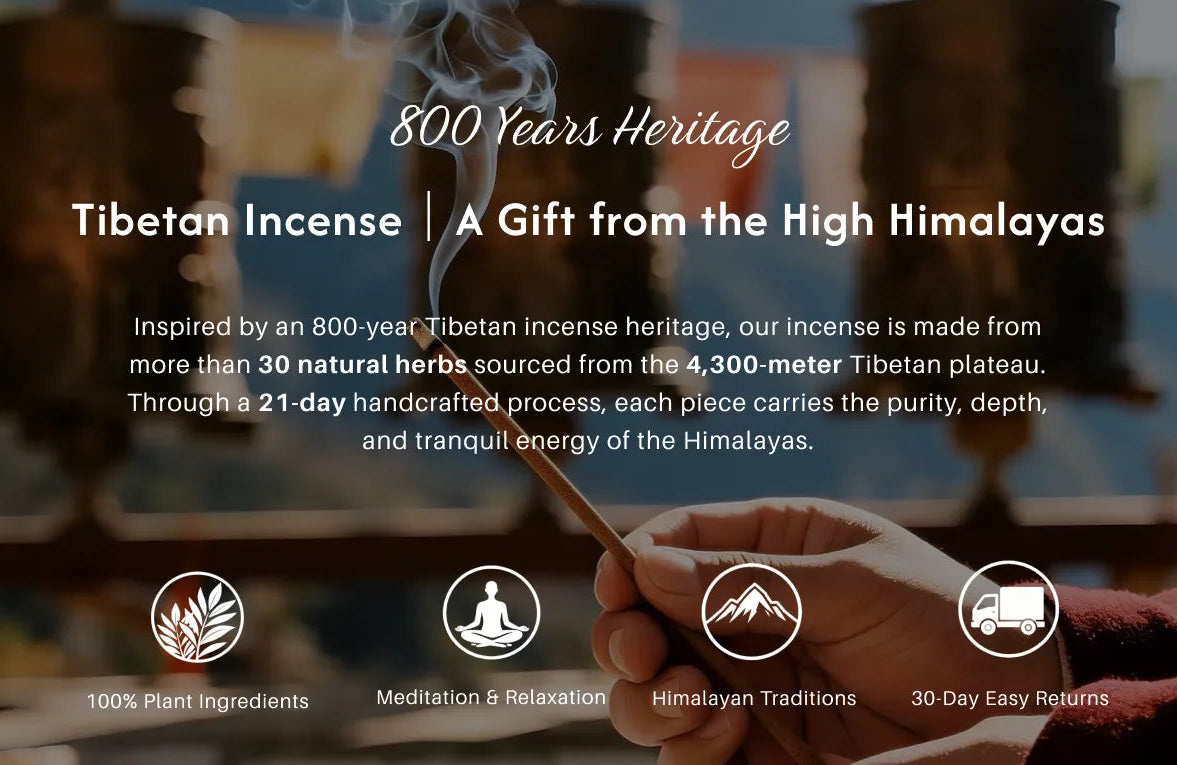 Tibetan incense packaging with text about heritage and ingredients, featuring a blurred background of incense sticks.