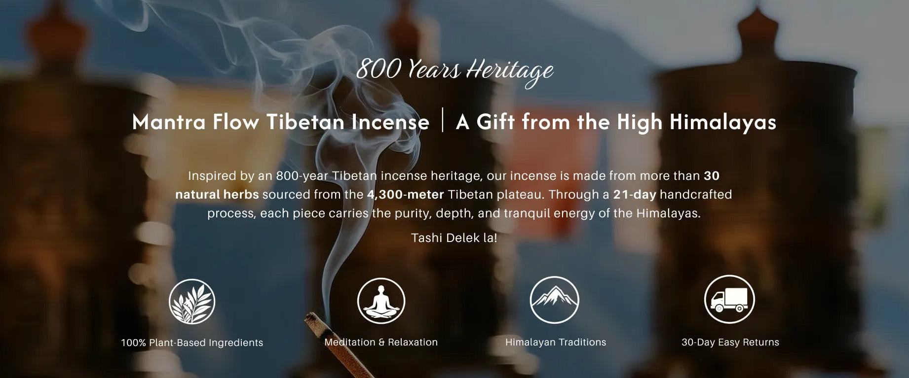 Mantra Flow Tibetan Incense packaging with text about heritage and ingredients, featuring a blurred background of traditional architecture.