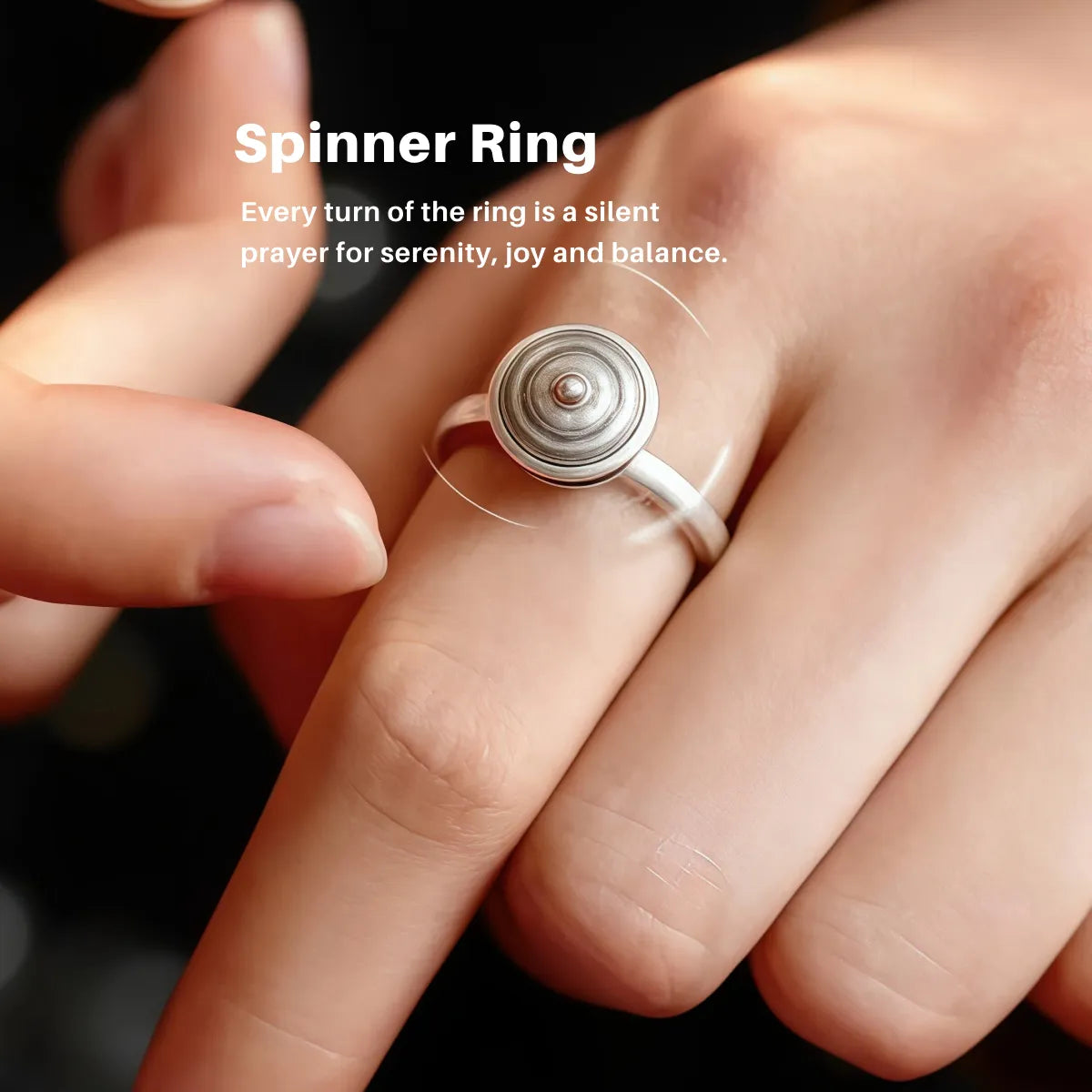 Tibetan Silver Lotus Mantra Spinner Ring worn on hand, handcrafted meditation jewelry, each spin is a silent prayer for serenity, joy, and balance, energy ring for mindfulness and intention.