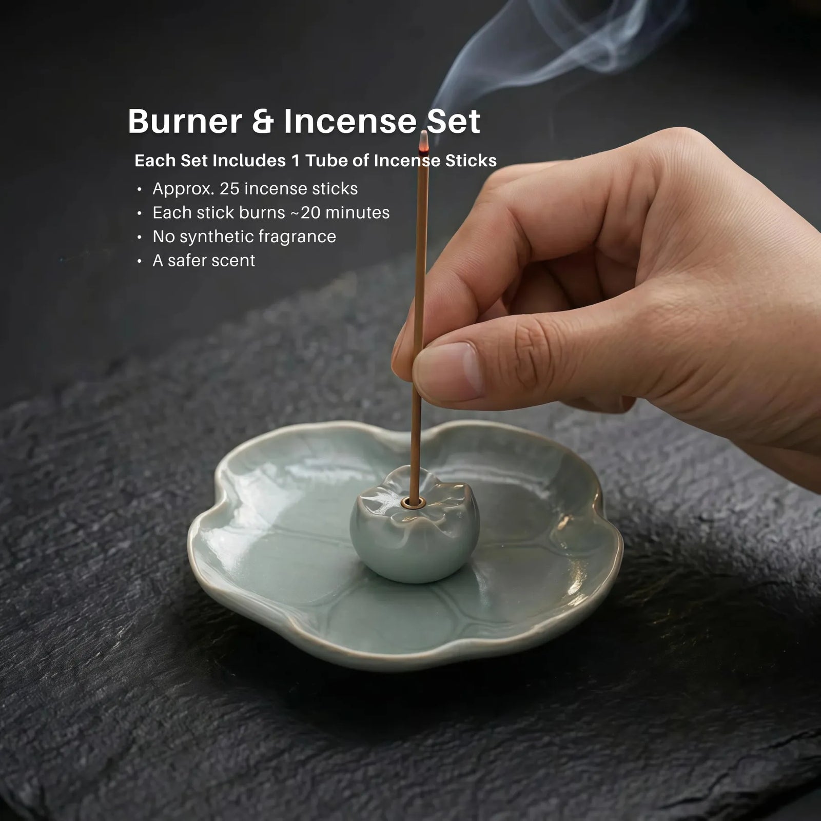 Manifestation & Purity Burner Set (Includes Incense Sticks) - Celadon Crackle Glaze Persimmon & Lotus Incense Holder