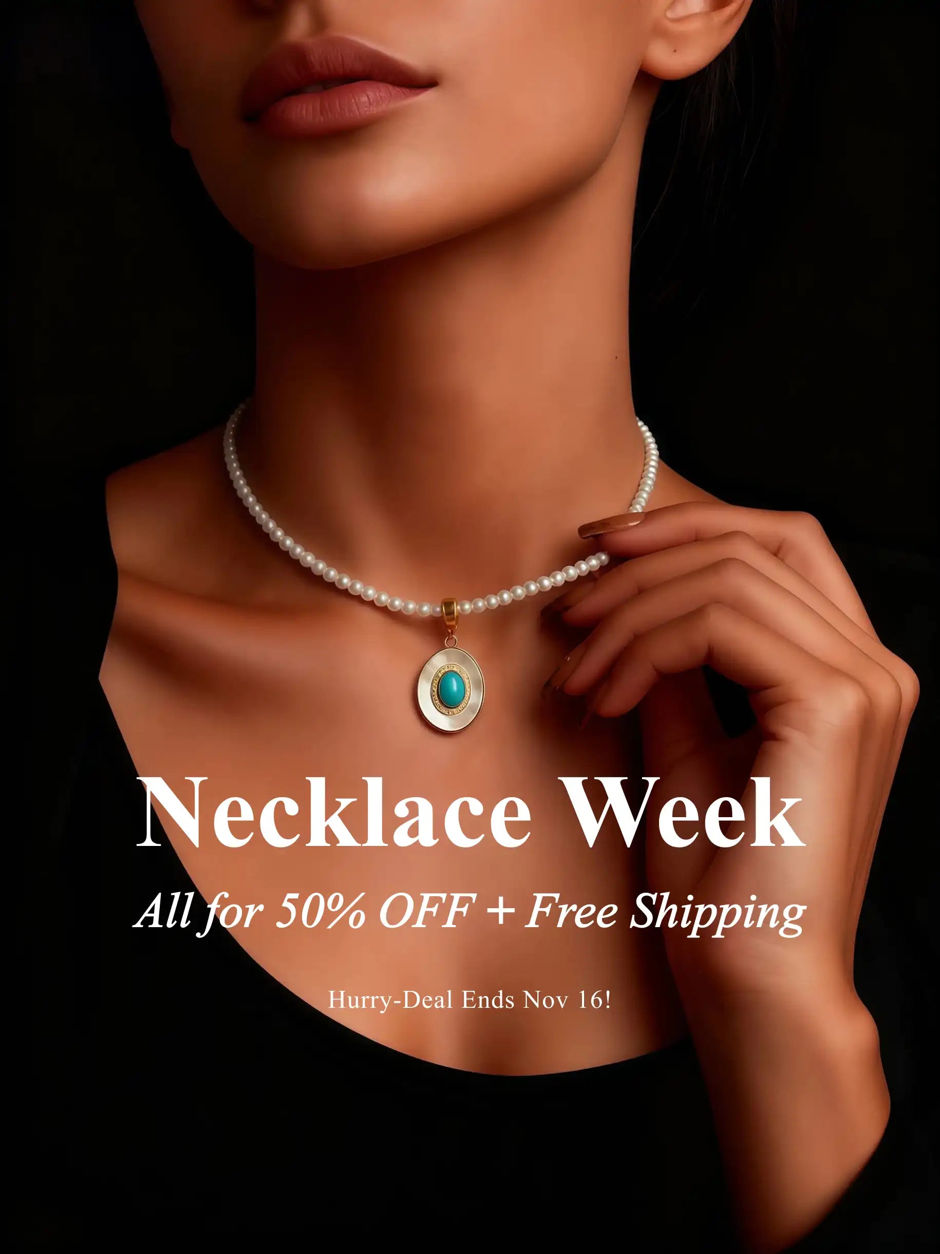 'Necklace Week' with a model wearing a necklace on a dark background.