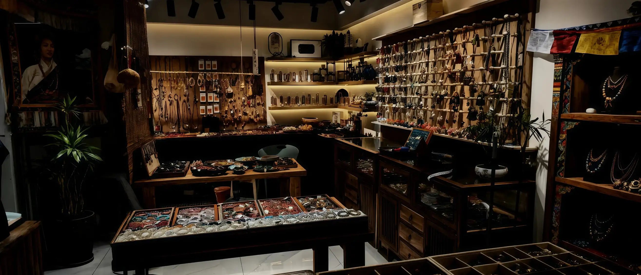 Interior of a store with various items on shelves and tables.