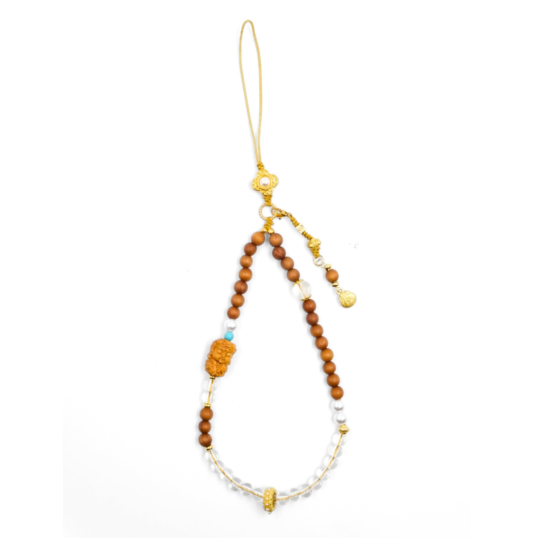 Natural Sandalwood Buddha Phone Strap & Car Charm with gold accents on a white background