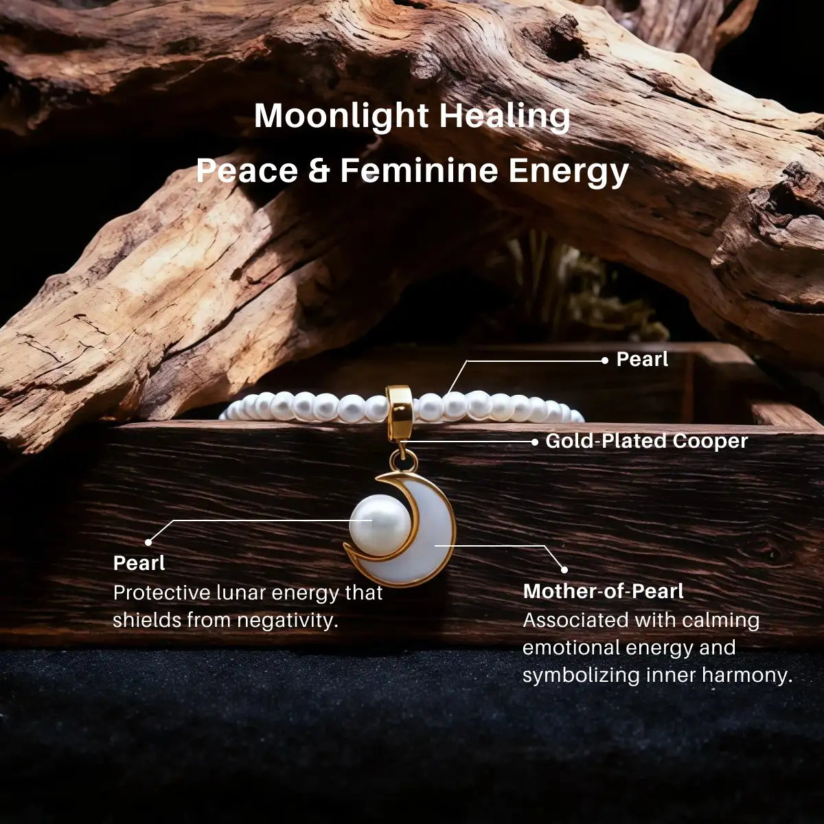 Infographic for the 'Moonlight Healing' necklace detailing its spiritual meanings. It highlights the Freshwater Pearl for protective lunar energy, the Mother-of-Pearl crescent for calming emotional energy, and the Gold-Plated Copper setting.