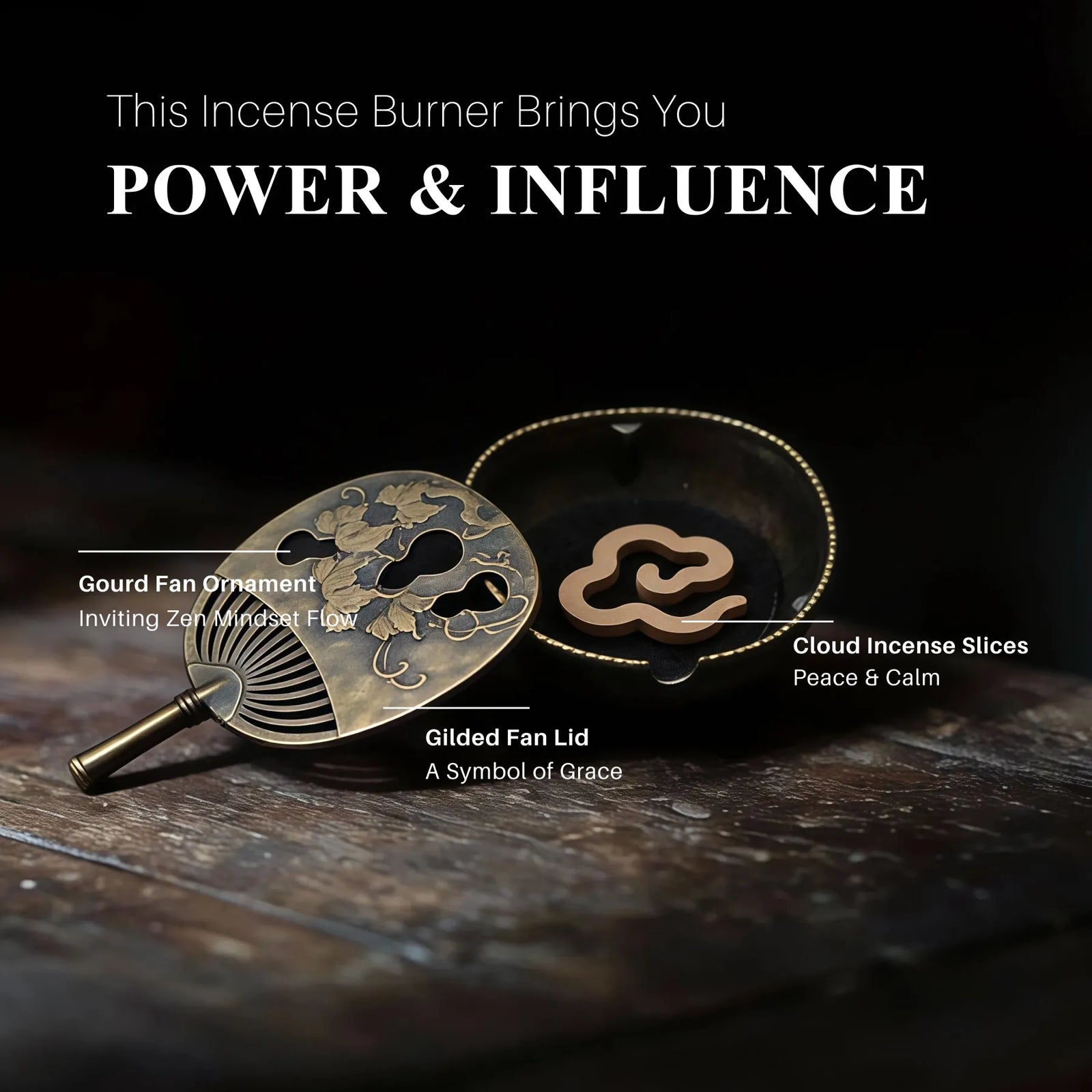 Power & Influence Burner Set (Includes Incense Slices) - Banana Leaf Ritual Gourd Fan Alloy