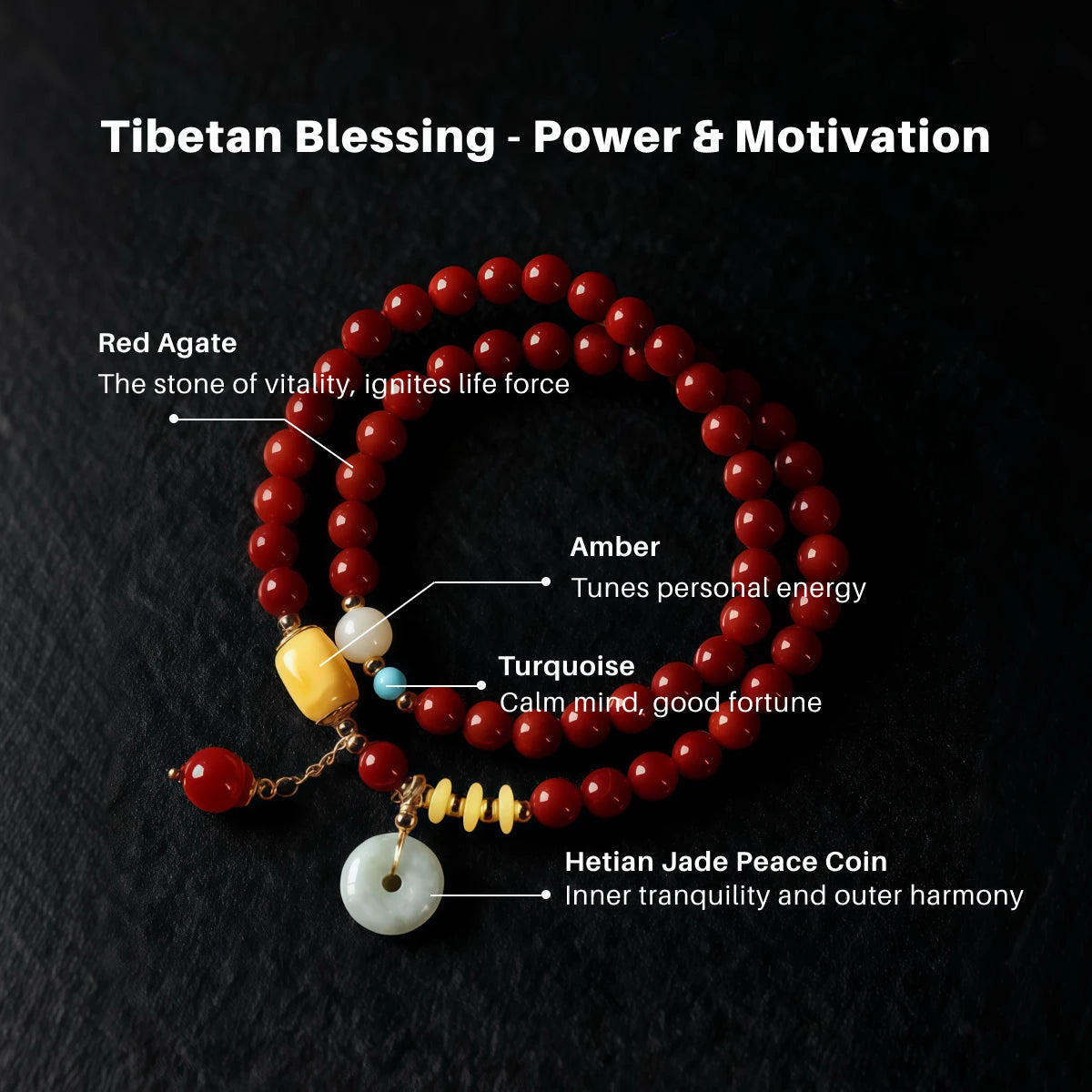 Tibetan blessing bracelet with colored beads and peace coin on a dark background
