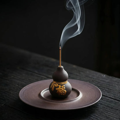 Prosperity & Blessings - Ceramic Wu Lou Gourd Incense Holder Set (Includes Incense Sticks)