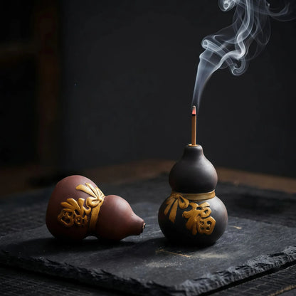 Prosperity & Blessings - Ceramic Wu Lou Gourd Incense Holder Set (Includes Incense Sticks)