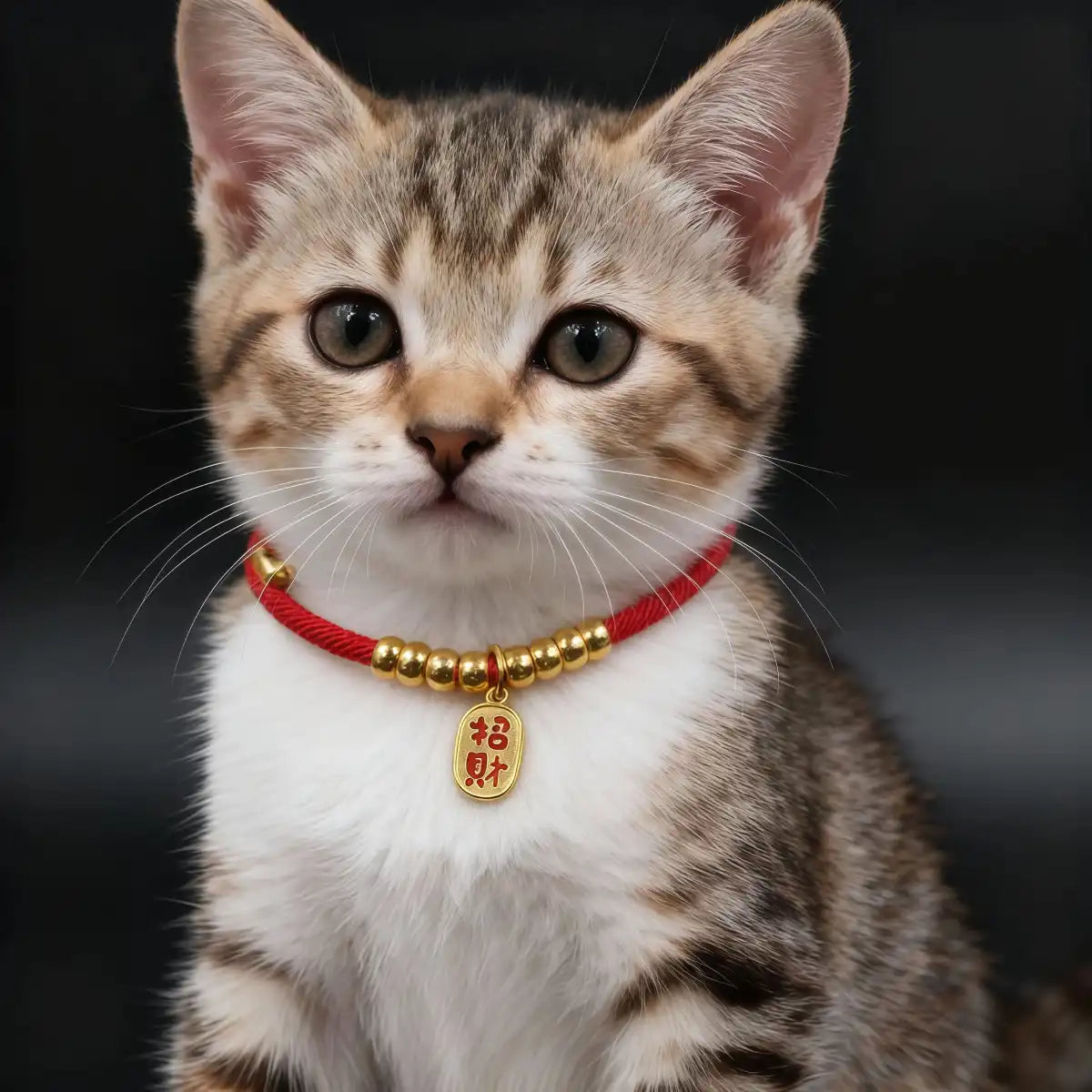 Cat wearing the red pet collar with a gold prosperity charm, showing a comfortable fit and the symbolic good-fortune pendant.
