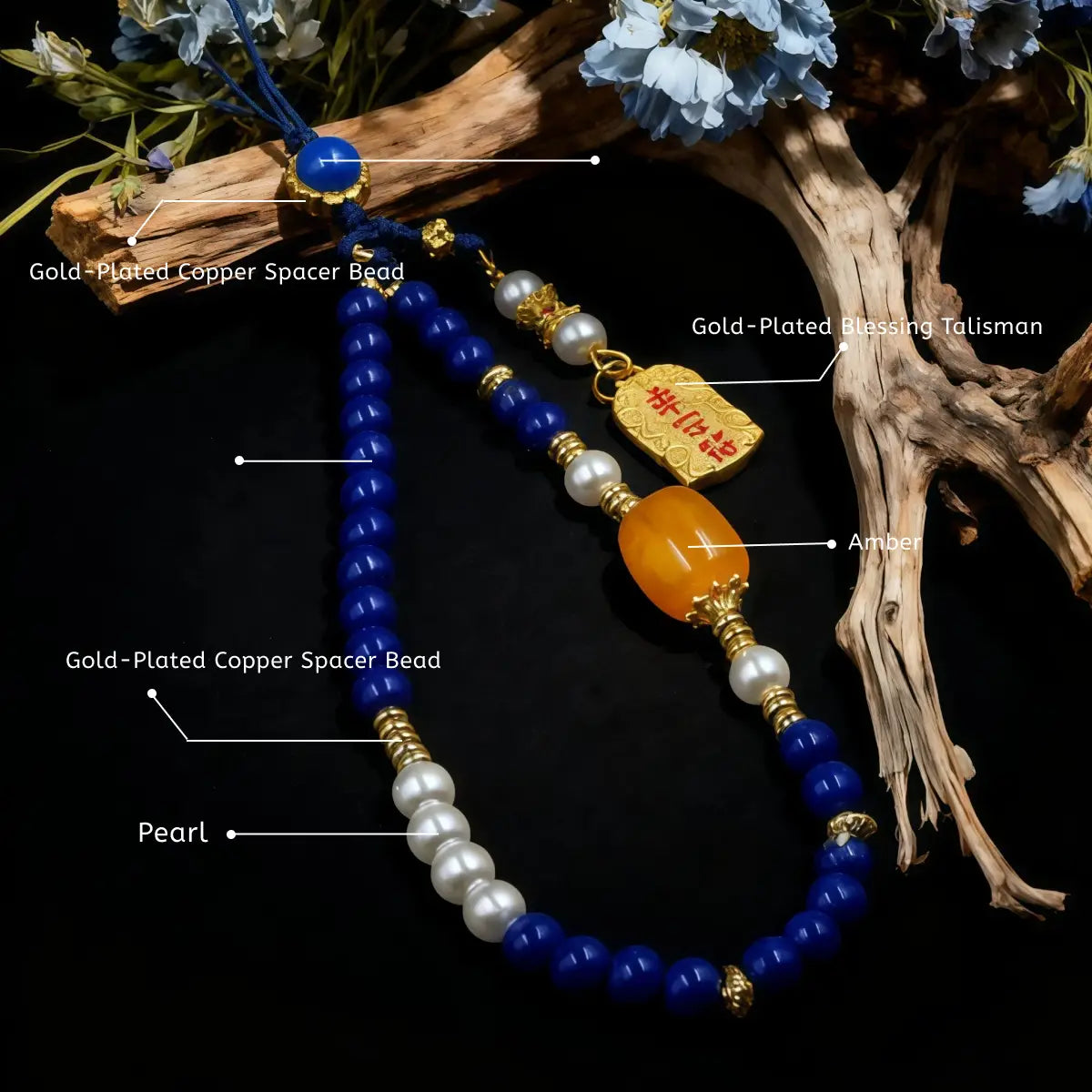 Beaded phone charm with labeled components on a dark background