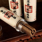 Traditional Chinese incense slice in a cylindrical holder with decorative scents labels on a wooden surface.