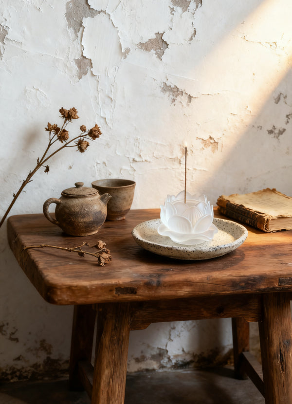 Purity & Awakening Liuli Lotus Incense Holder, Frosted Lotus Design, Displayed with Rustic Teaware, Dried Flowers, and Book for Serene Incense Moments