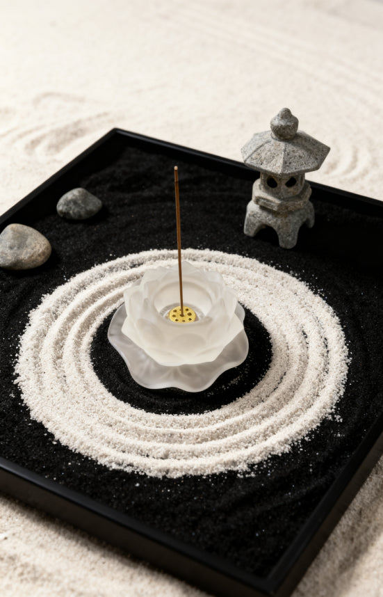 Purity & Awakening Liuli Lotus Incense Holder, Frosted Lotus Design, Displayed in Zen Garden with Raked Sand, Stones, and Mini Lantern for Mindfulness and Serenity