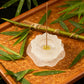 Purity & Awakening Liuli Lotus Incense Holder, Frosted Lotus Design, Placed on Woven Bamboo Tray with Bamboo Leaves and Water Droplets for Nature-Inspired Tranquility