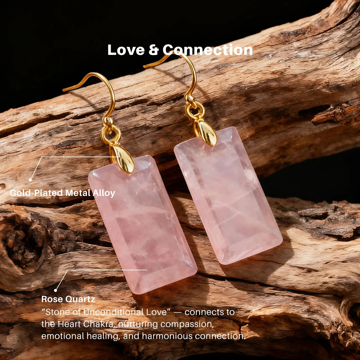 Rose Quartz earrings with gold-plated metal alloy on a wooden background, labeled 'Love & Connection'.