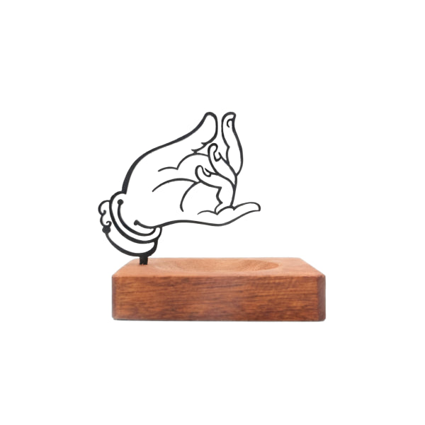 Serenity & Blessings Buddhist Mudra Incense Holder featuring a minimalist black metal hand in sacred mudra gesture on a natural wooden base, spiritual home decor for meditation, serenity, and blessings, displayed on a clean white background.