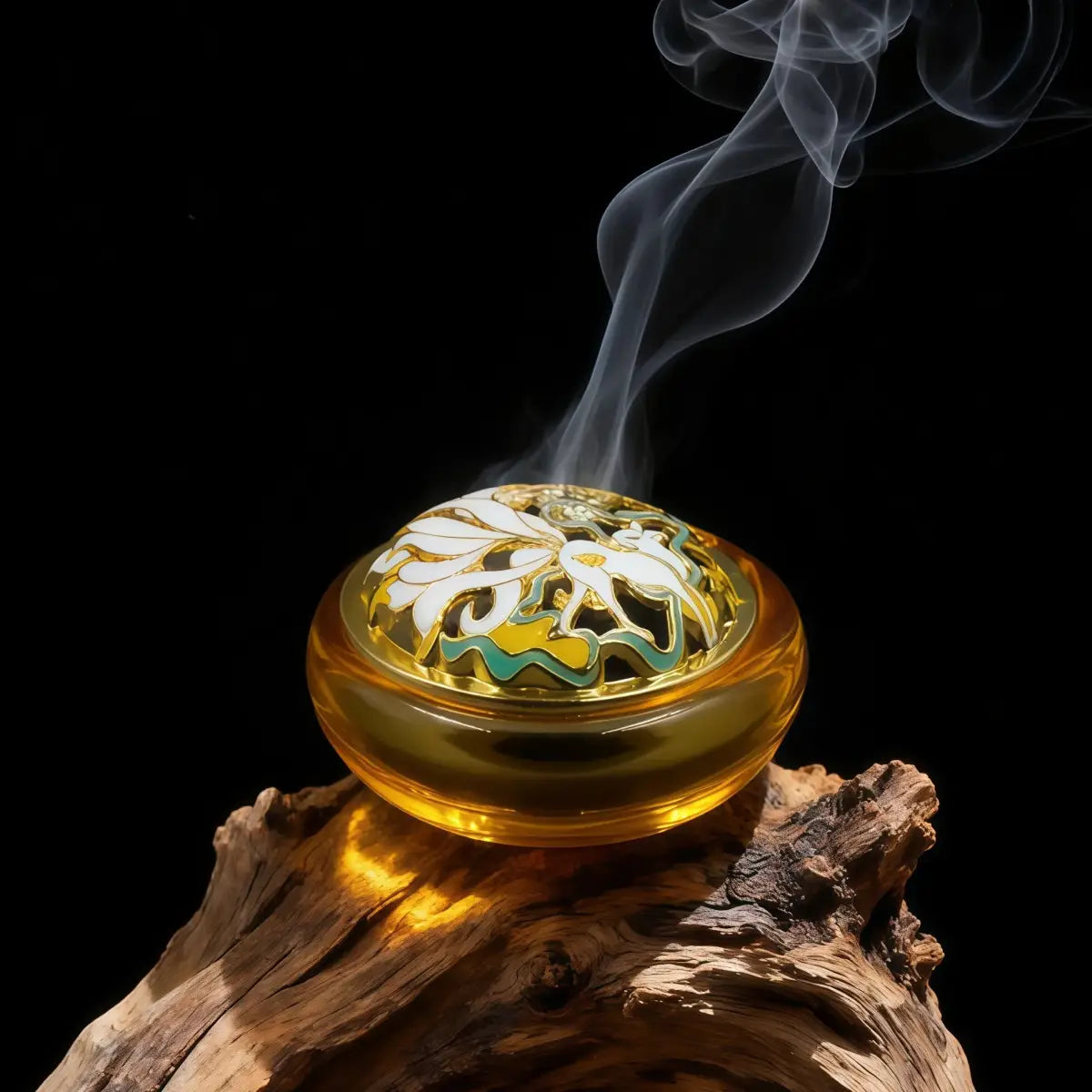 Decorative incense holder with smoke on a dark background
