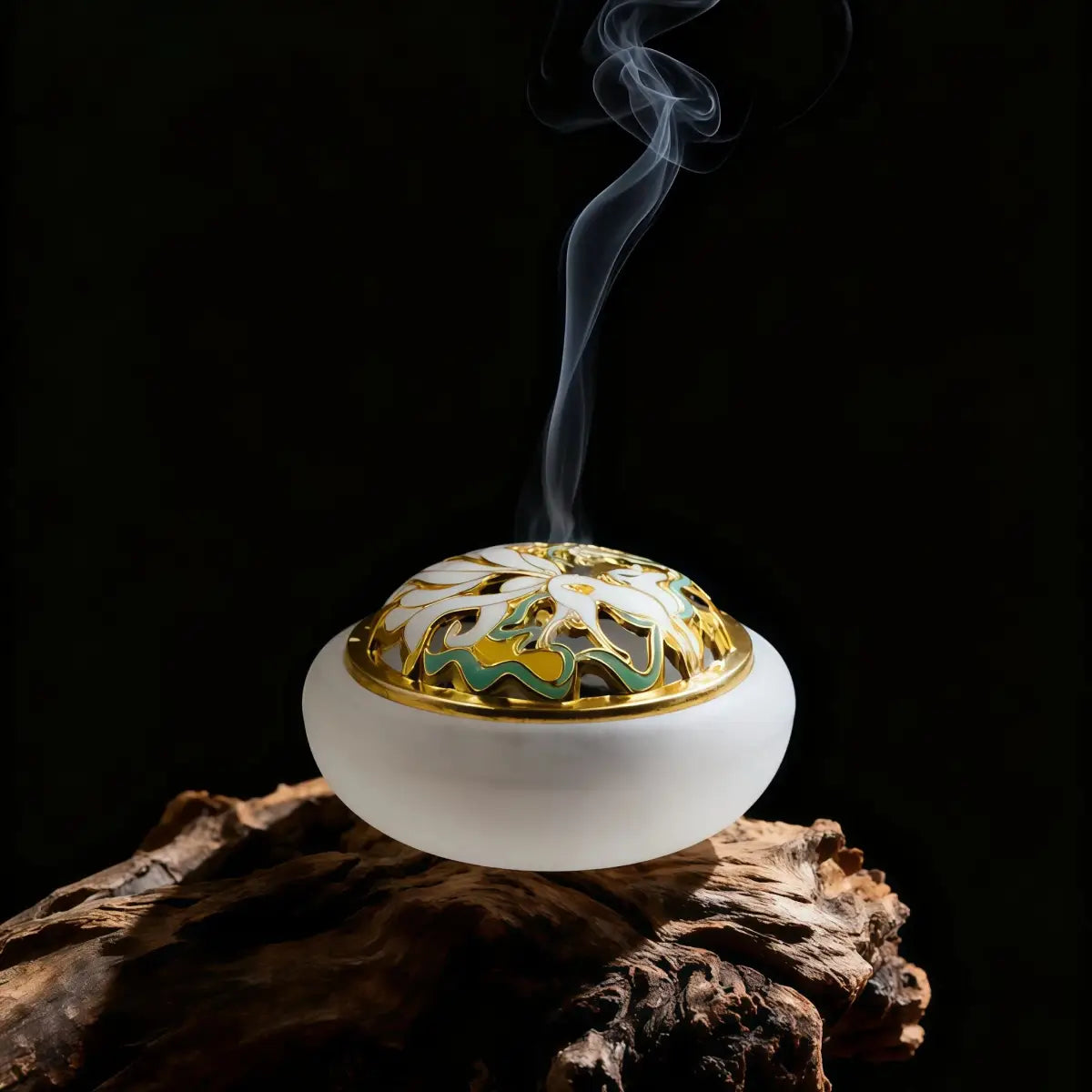 Frosted_White Decorative incense holder with floral designDecorative incense burner with smoke on a dark background