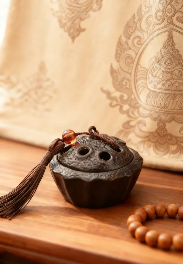 Incense burner with tassel and beads on a wooden surface