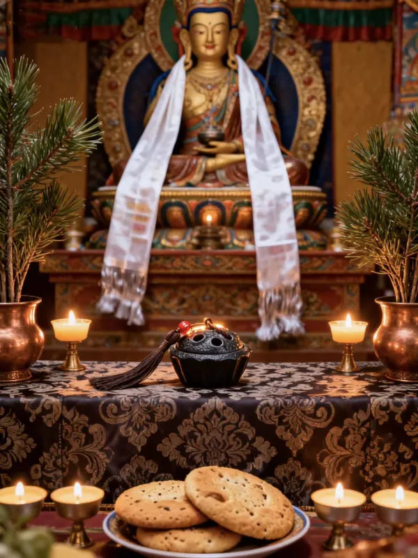 Buddhist altar with statue, incense, and cookies in a ceremonial setting