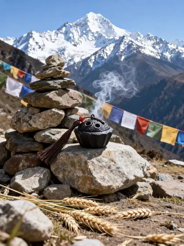Dark ceramic lotus pod incense burner with tassel and red bead emitting smoke, placed on rocks with snow-capped mountains, prayer flags, and wheat in the background.