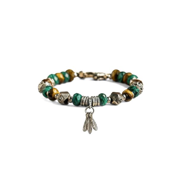 Beaded bracelet with green, gold, and silver beads on a white background