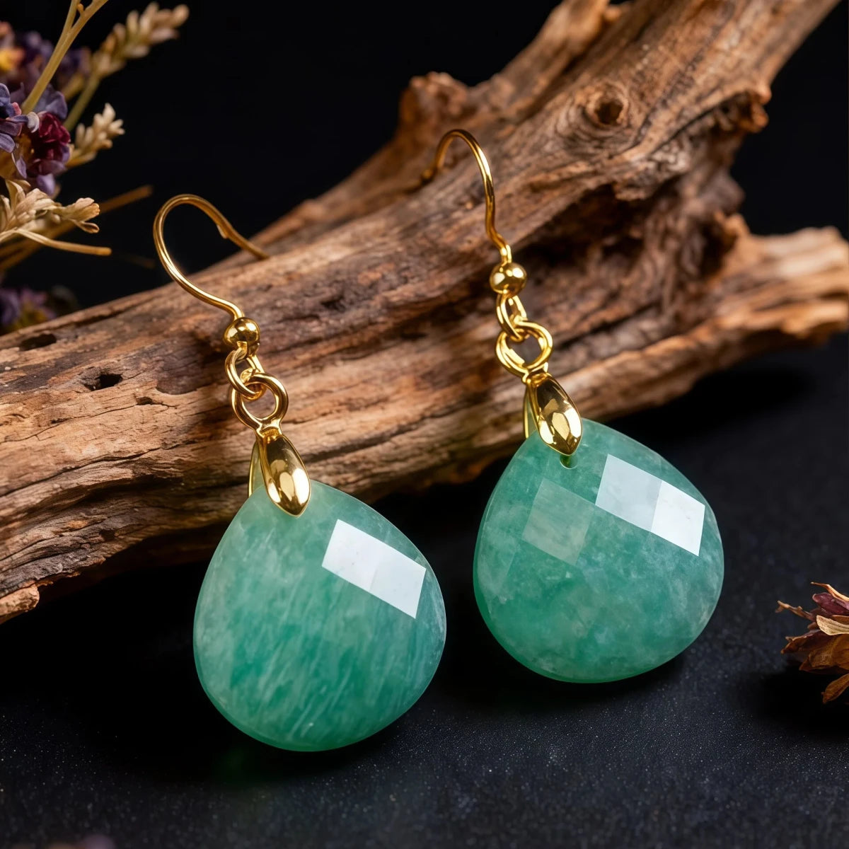 A pair of Tibetan Amazonite earrings resting against a dark, textured wooden branch. The teal-green teardrop stones contrast with the rustic organic background, highlighting the "Hope Stone" energy in a natural setting.