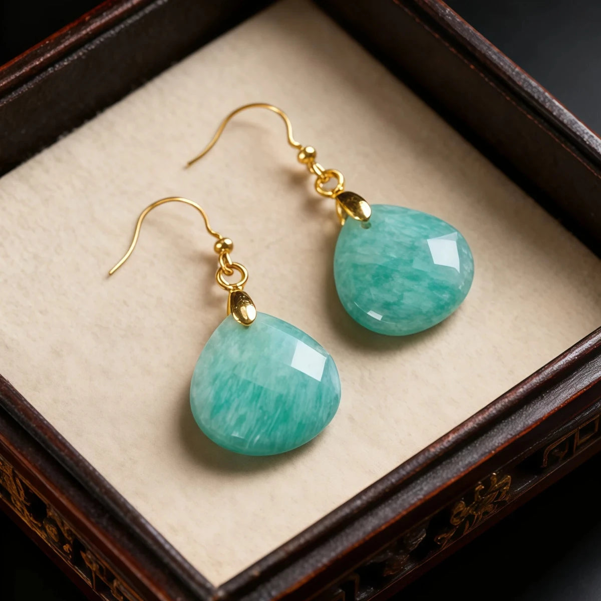 A pair of teardrop-shaped Tibetan Amazonite earrings resting inside a jewelry box. The mint-green "Hope Stone" gems symbolize confidence and fresh beginnings, making them a perfect spiritual gift.