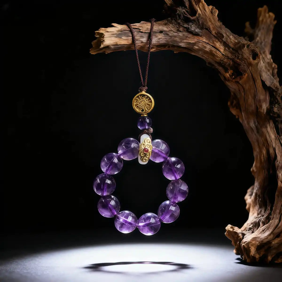 A Purple Amethyst beaded circle charm with a Golden Cloud Jade accent hanging from a dark wooden branch.