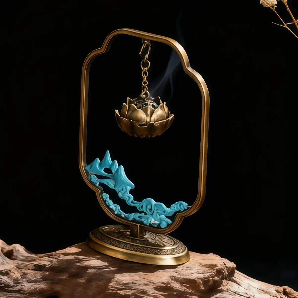 Decorative tibetan incense burner with blue dragon design on a dark background