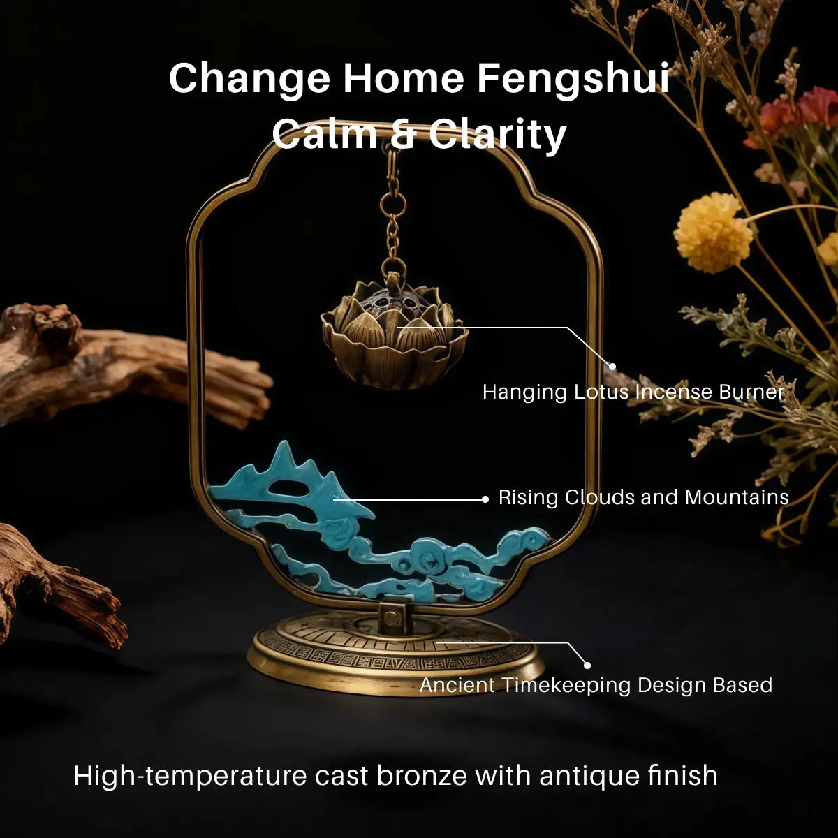 Decorative incense burner with lotus design on a dark background