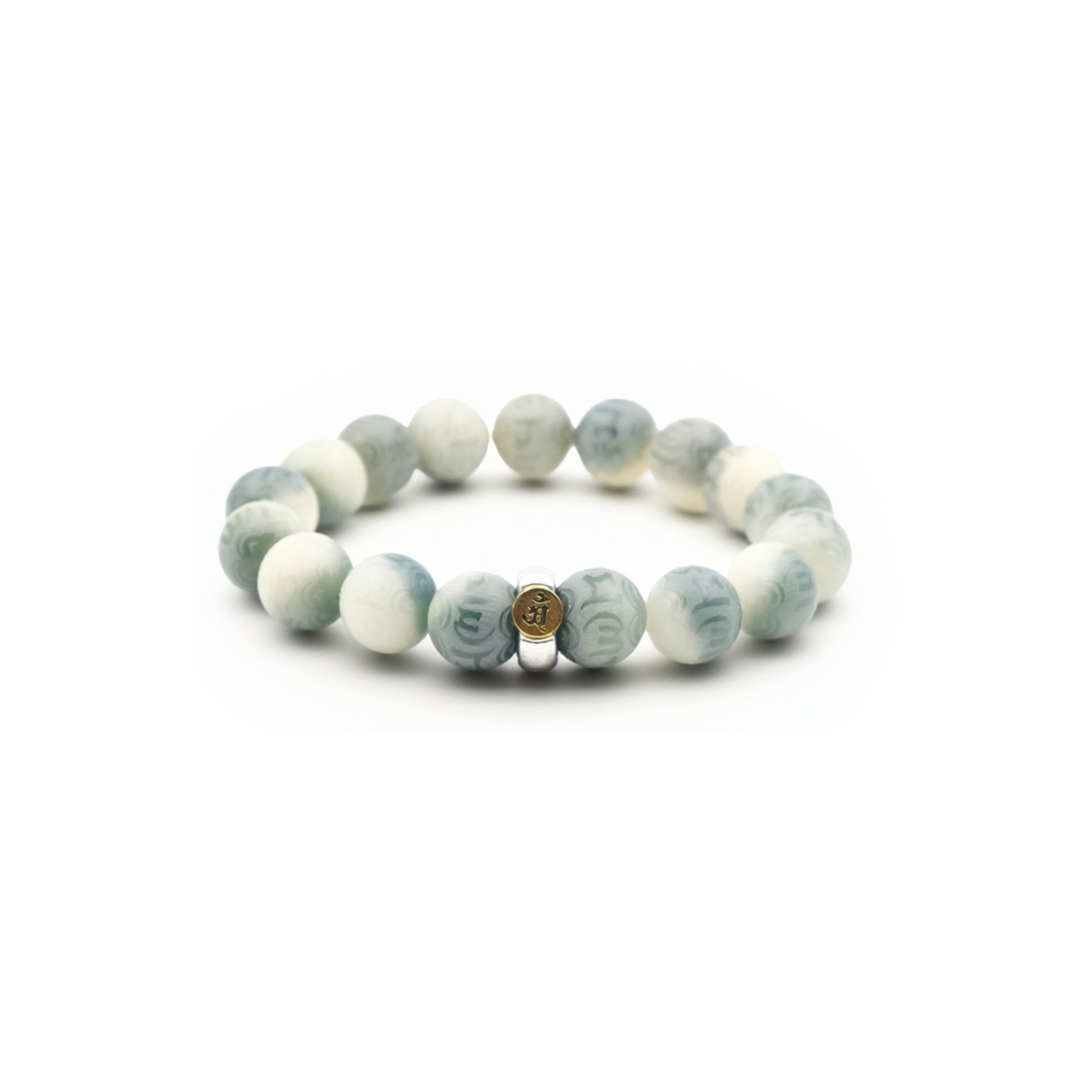 A Tibetan Bracelet featuring beads in soft shades of light blue and white, creating a soothing visual effect. Among these beads, there's a small golden bead inscribed with text, likely part of the Six - Word Mantra. Additionally, a silver - toned bead is interspersed among the others. 