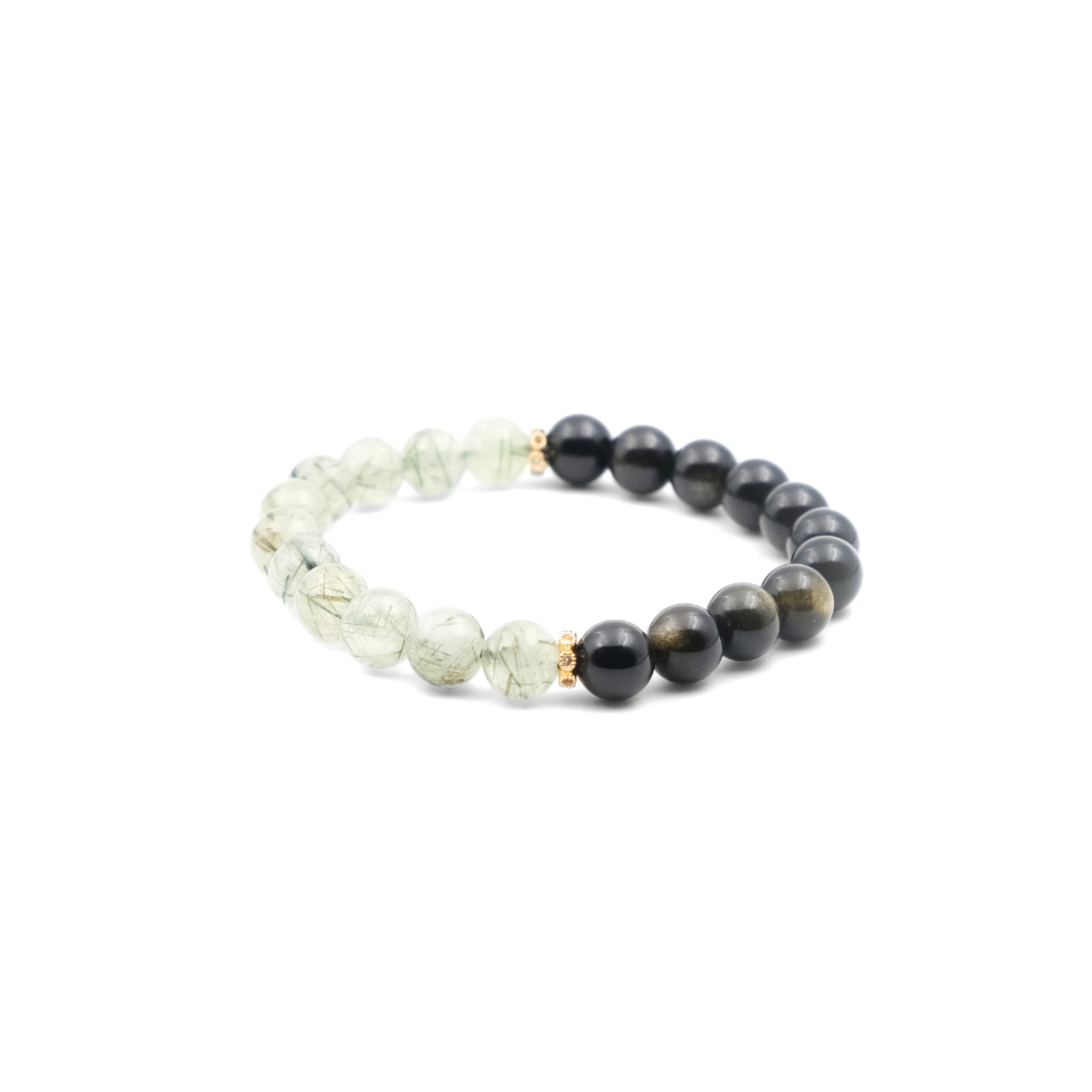 Tibetan Dual Energy Bracelet with black and clear beads on a white 
background