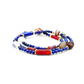 A Tibetan Energy Healing Bracelet / Mala composed of multiple strands. It features vibrant blue lapis lazuli beads interspersed with various other beads, including white, red, and brown ones, along with a striking red - hued bead. There are also golden accents between the beads. This bracelet is believed to bring luck, offer protection, and facilitate healing. 