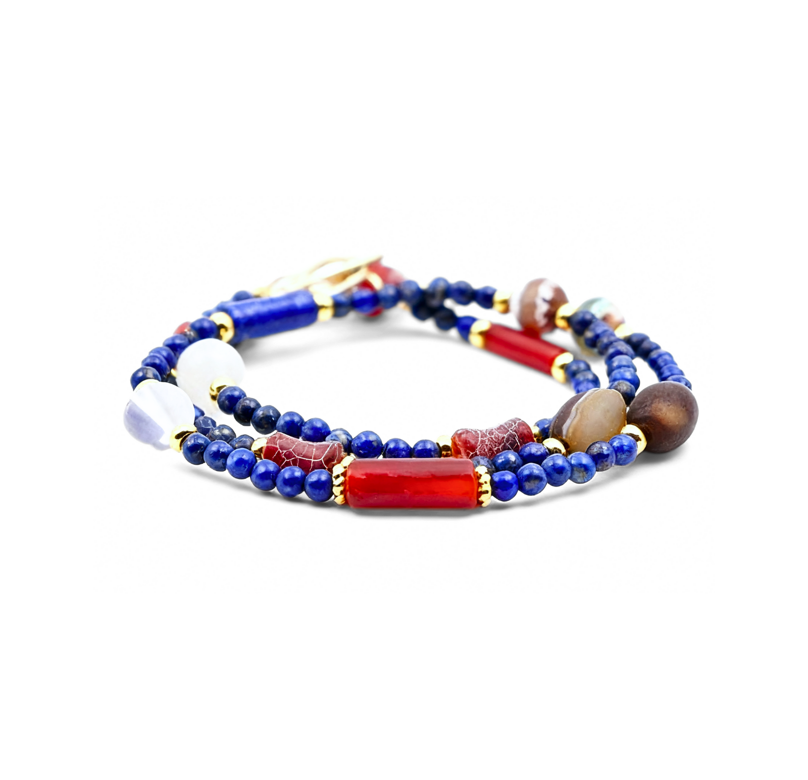 A Tibetan Energy Healing Bracelet / Mala composed of multiple strands. It features vibrant blue lapis lazuli beads interspersed with various other beads, including white, red, and brown ones, along with a striking red - hued bead. There are also golden accents between the beads. This bracelet is believed to bring luck, offer protection, and facilitate healing. 